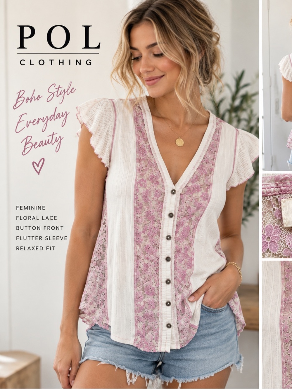 POL Pink Floral Lace Top White Button Front Flutter Sleeve Boho Y2K M
